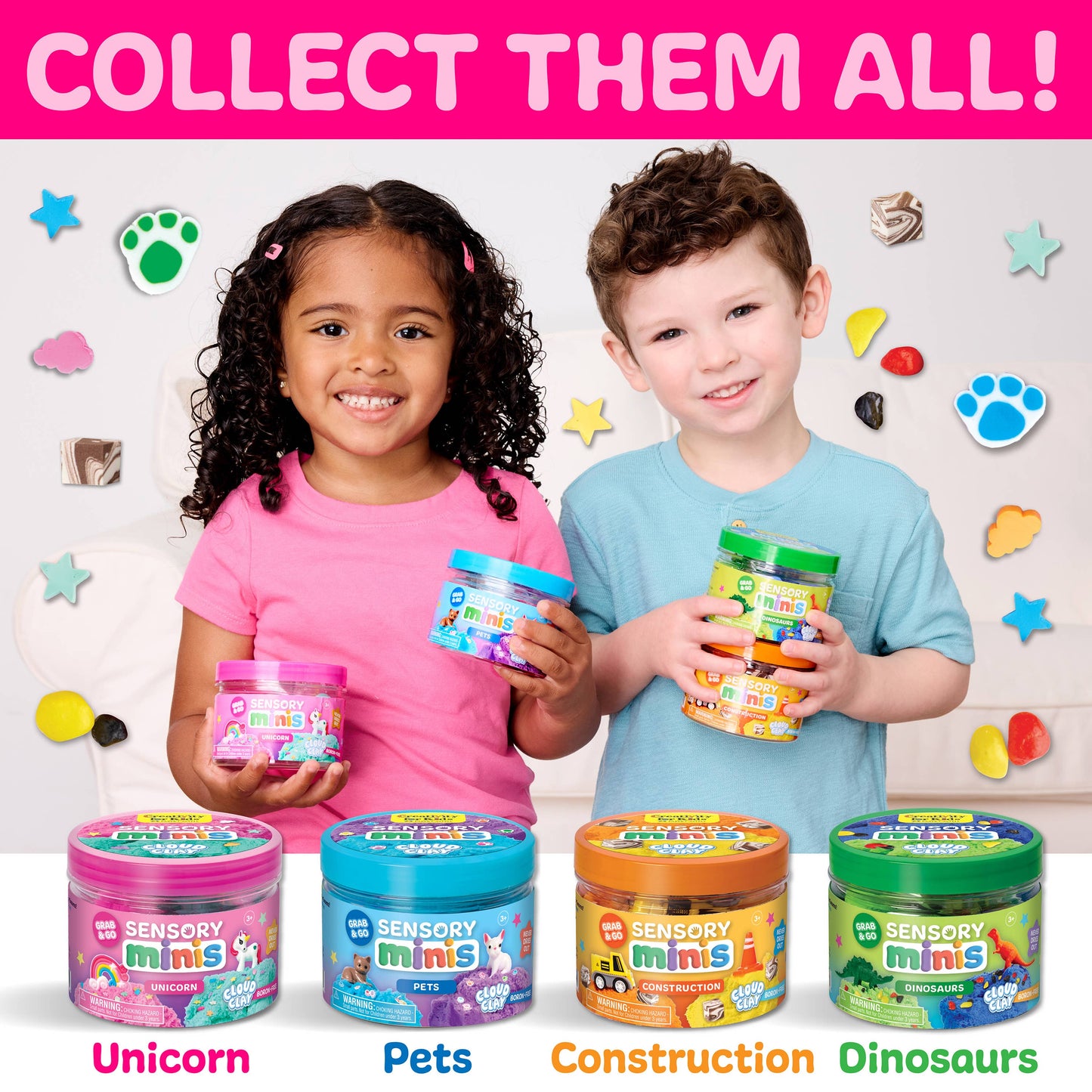 Two children holding sensory mini containers with colorful lids, surrounded by more containers on a white background.
