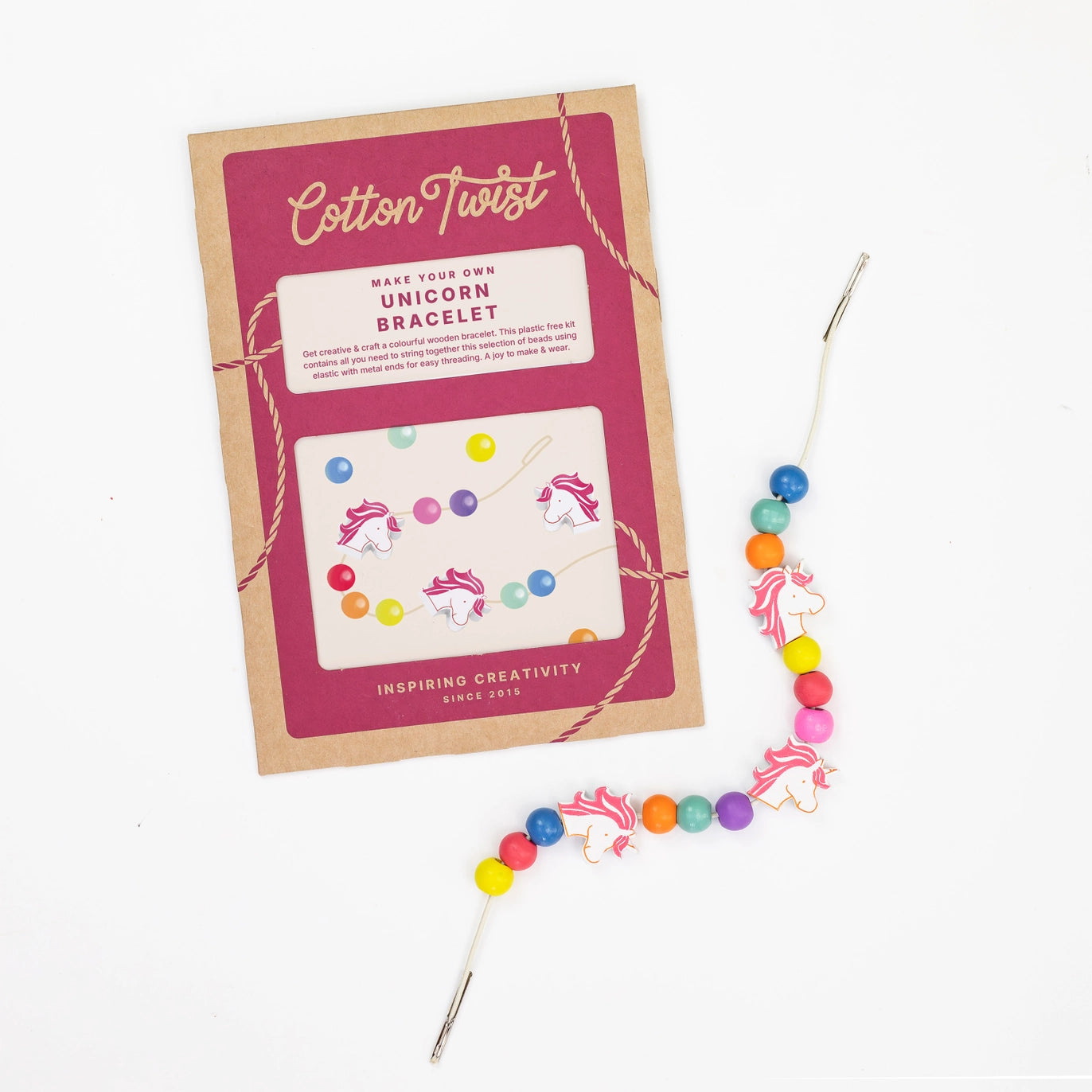 Cotton Twist unicorn bracelet kit with colorful beads and packaging on a white background