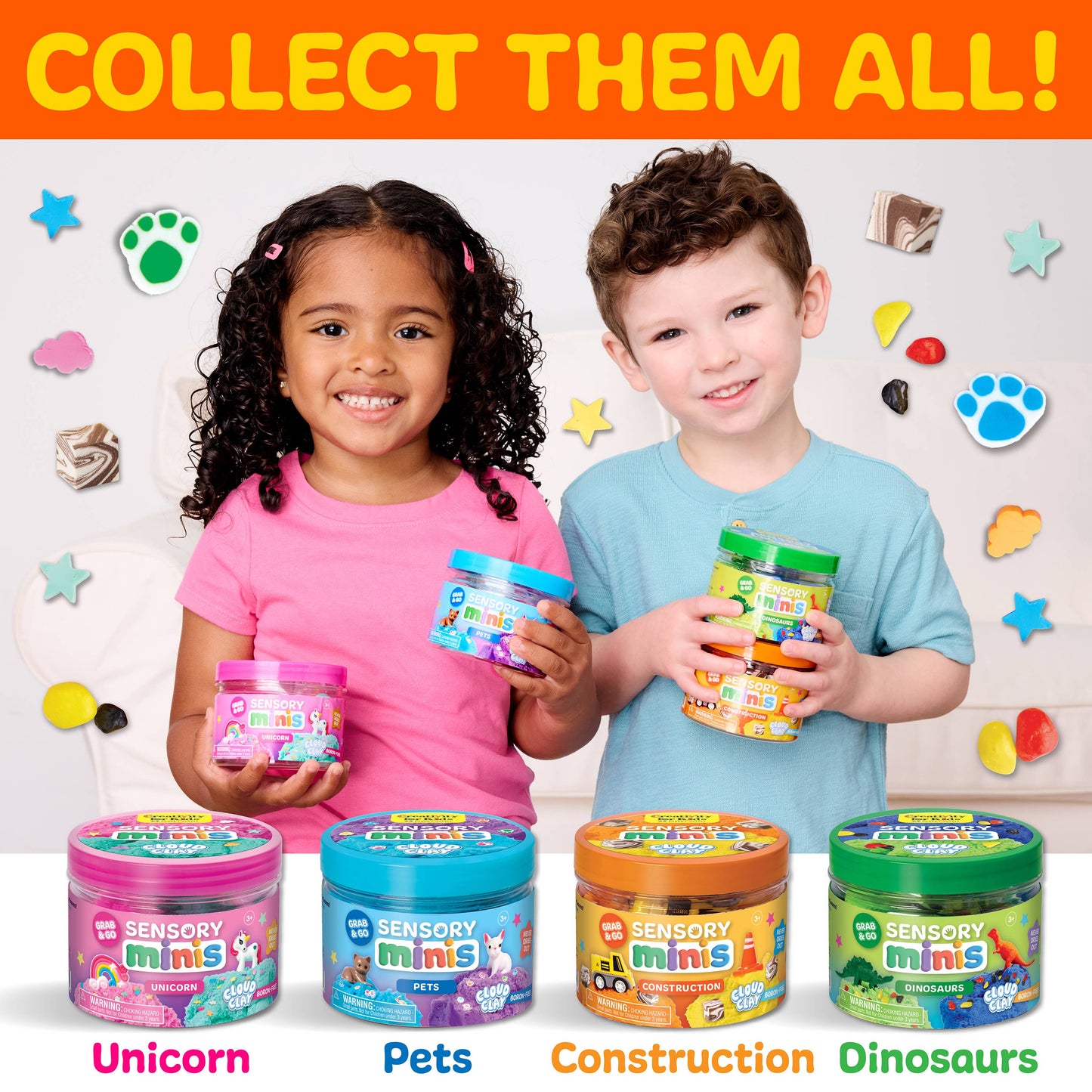 Two children holding sensory mini containers with colorful lids, surrounded by more containers and colorful icons on a white background.