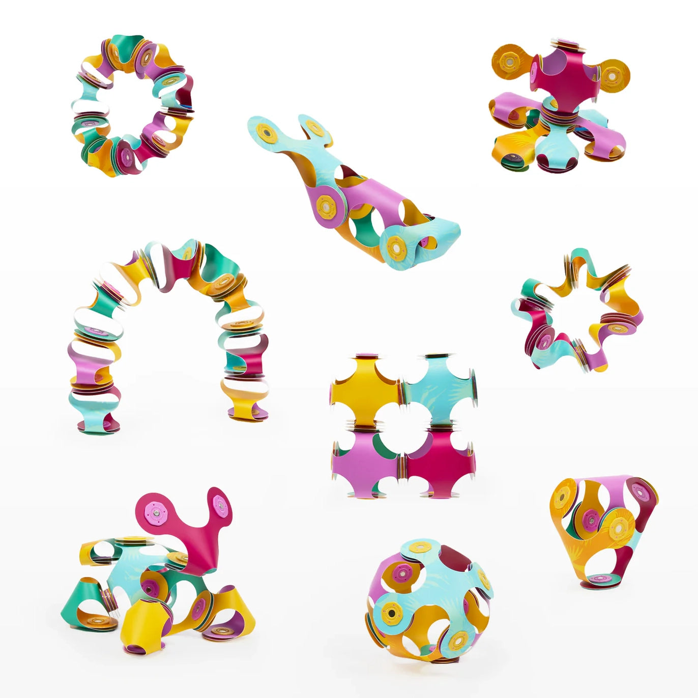 Colorful magnetic toys on a white background