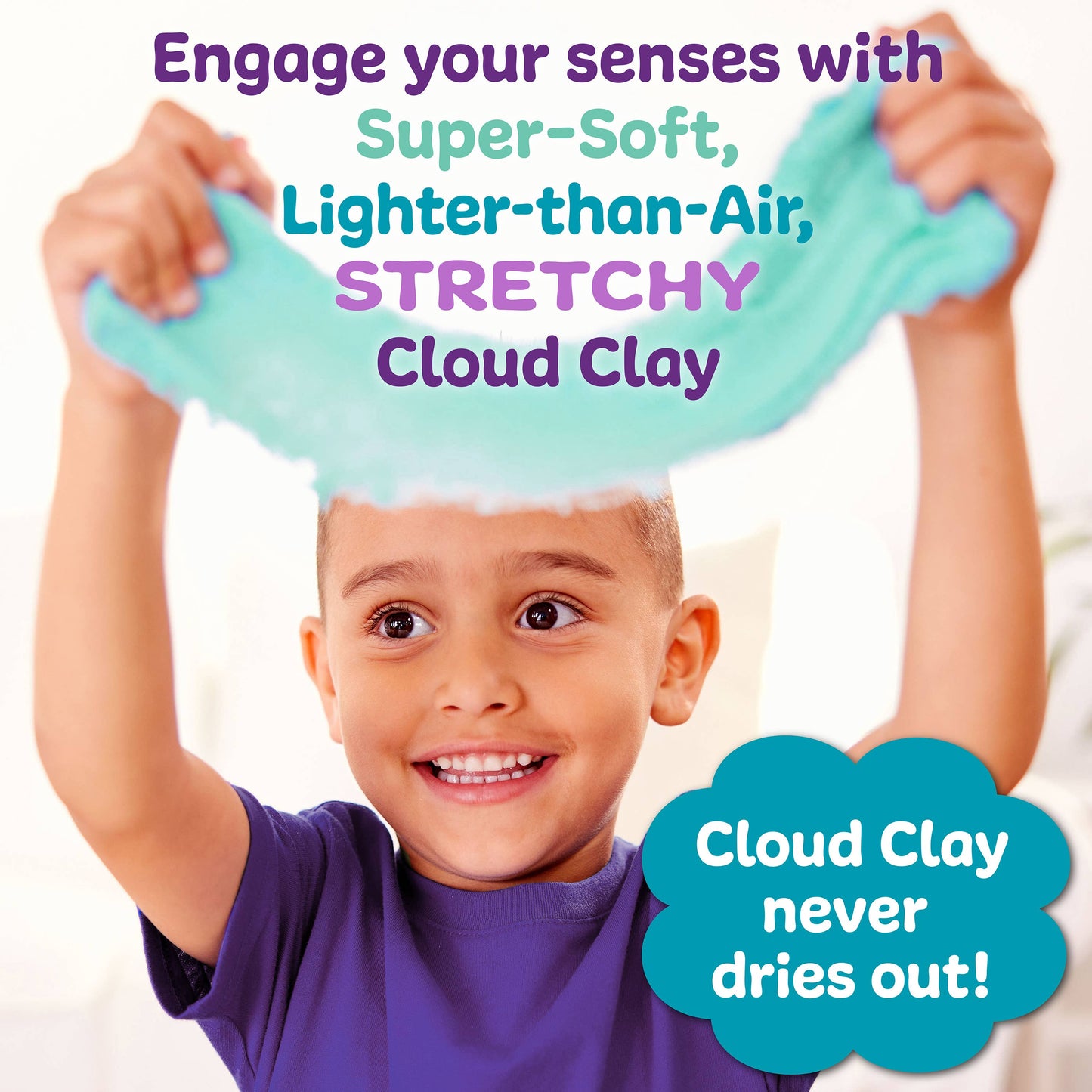 Child playing with stretchy cloud clay, promotional text overlay