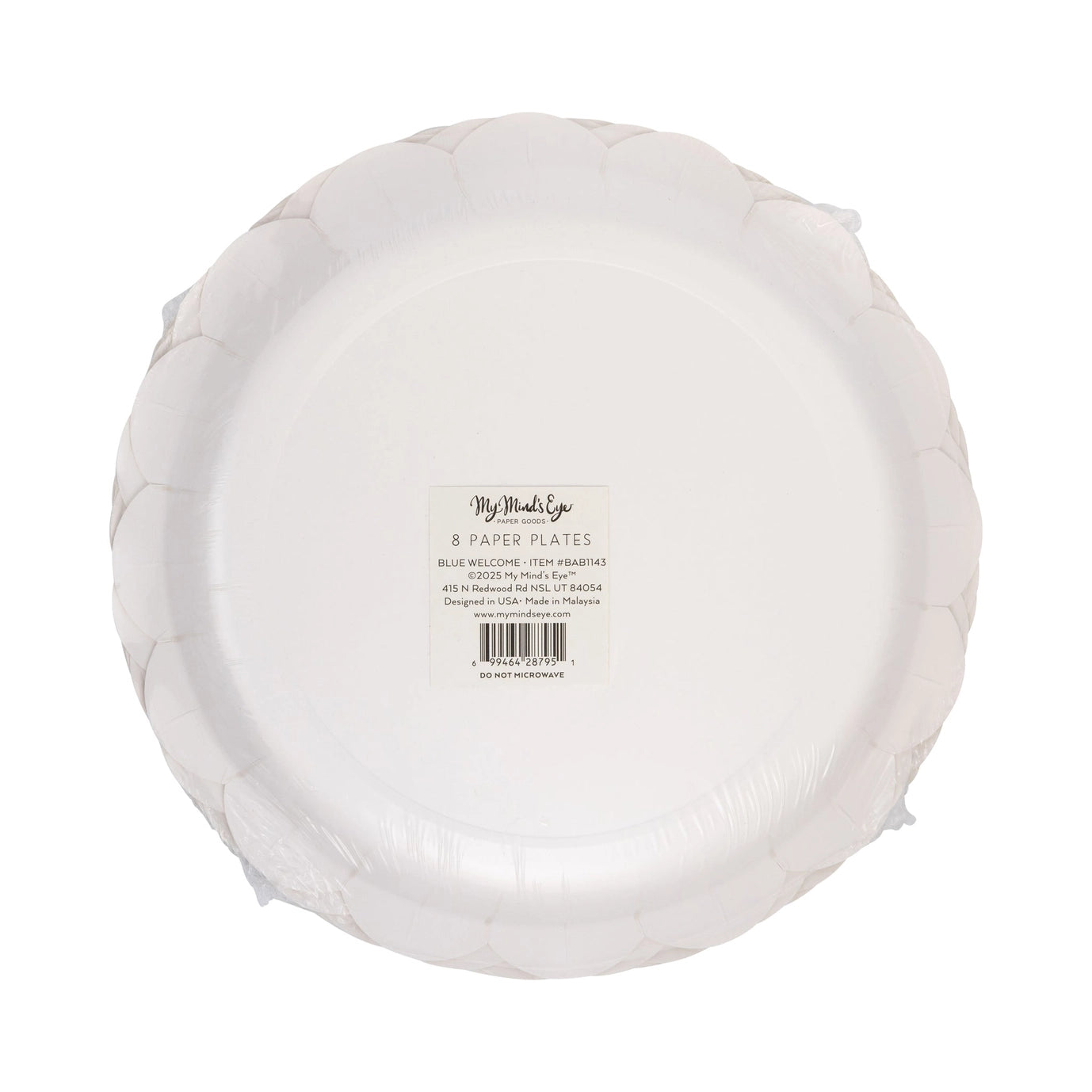 White paper plates in a cardboard holder with 'My Mind's Eye' branding on a white background.