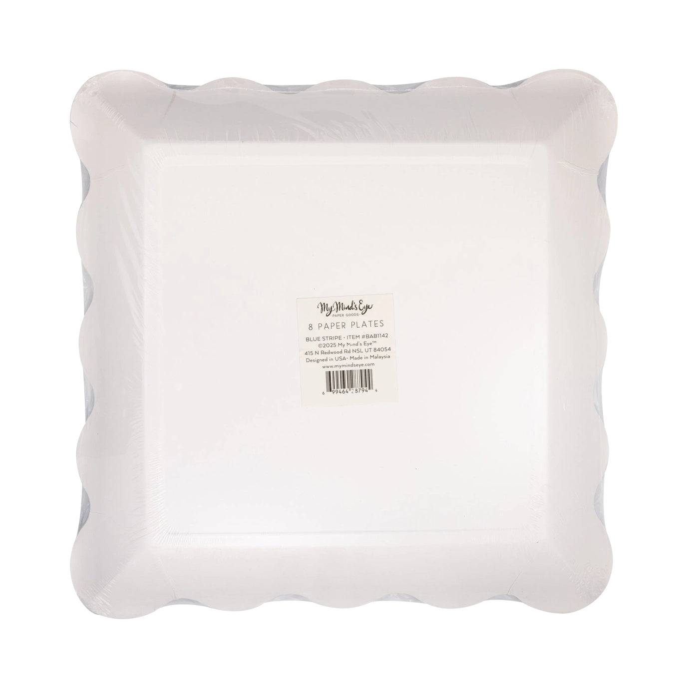 White paper plates with a brand label on a white background