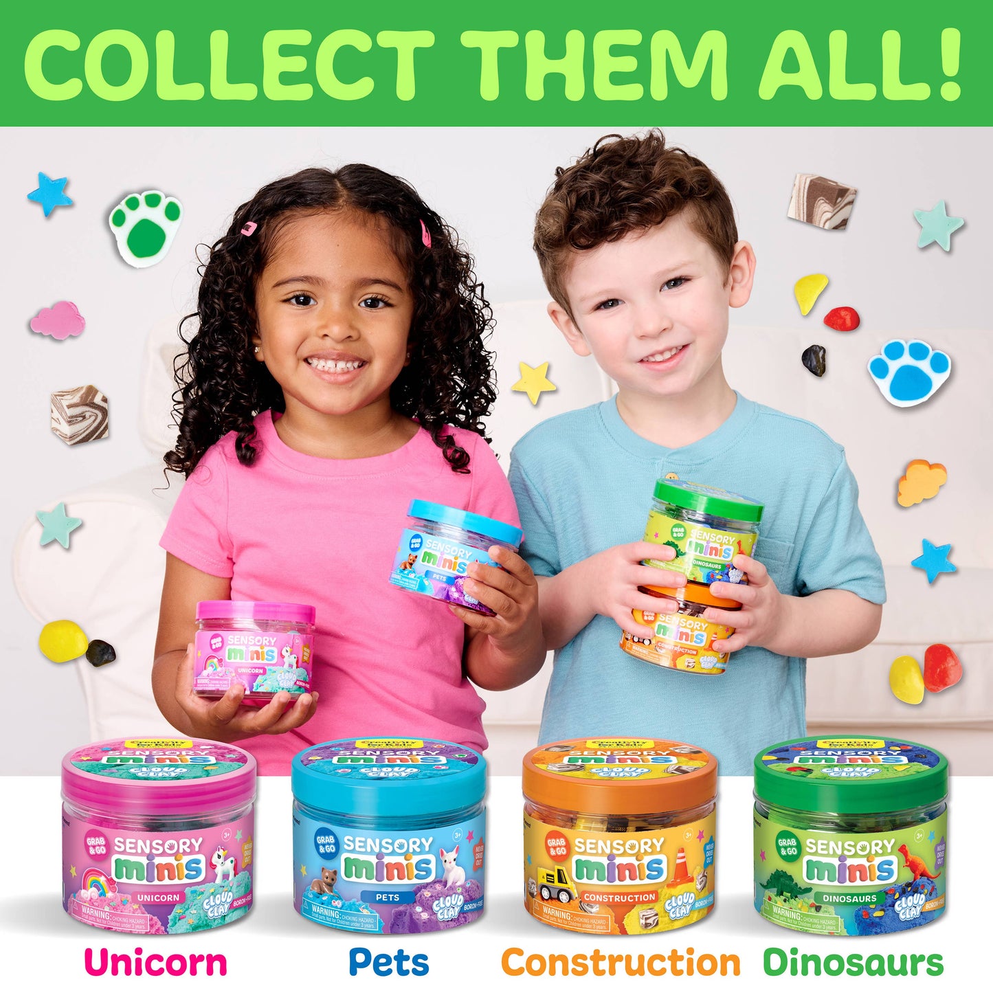 Two children holding sensory mini containers with colorful lids, surrounded by more containers on a white background.