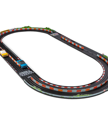 Toy race track set with cars on a white background