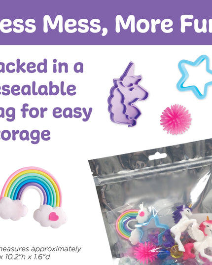 Product packaging with unicorn and rainbow designs, featuring text about resealable bag storage.