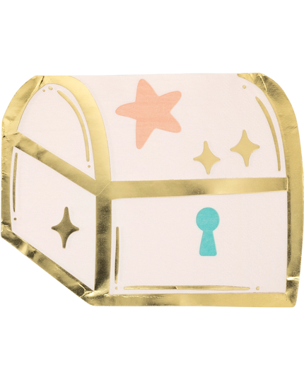 Decorative paper plate with gold rim, pink star, yellow stars, and blue keyhole on a white background