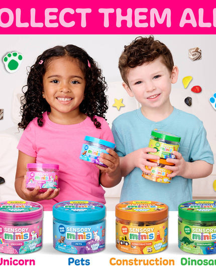 Two children holding sensory mini containers with colorful lids, surrounded by more containers on a white background.