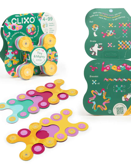 Colorful magnetic toy set with packaging on a white background