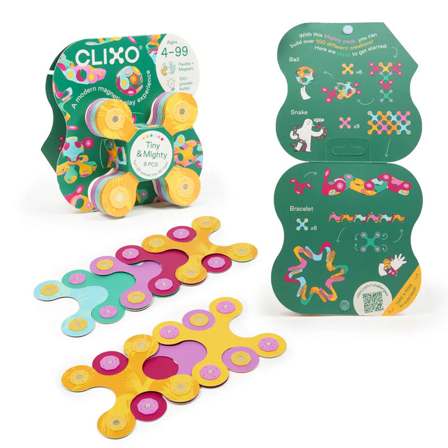 Colorful magnetic toy set with packaging on a white background