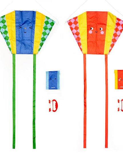 Two colorful kites with faces on sticks against a white background