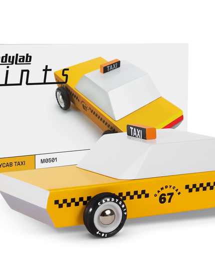 Taxi-shaped candy container with 'Candylab Mints' packaging on a white background