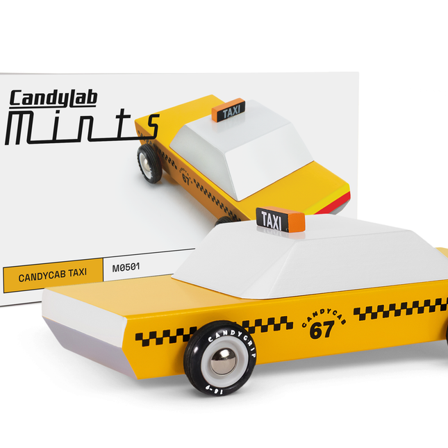 Taxi-shaped candy container with 'Candylab Mints' packaging on a white background