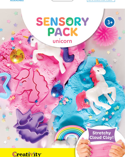 Sensory pack with unicorns and rainbow, labeled 'Creativity for Kids'.
