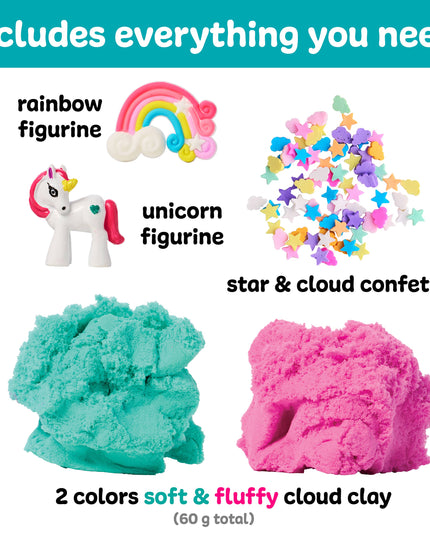 Product set with rainbow figurine, unicorn figurine, star & cloud confetti, and two colors of soft & fluffy cloud clay.