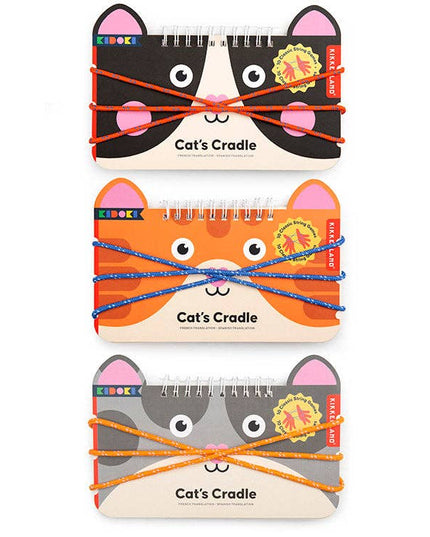 Three cat-themed 'Cat's Cradle' toys with colorful strings on a white background.