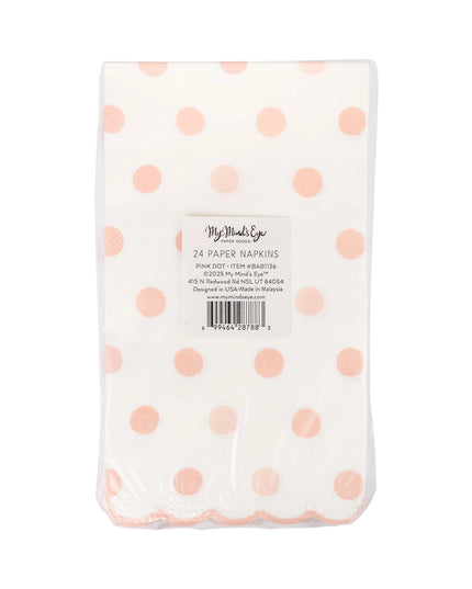 Pack of paper napkins with pink polka dots on a white background