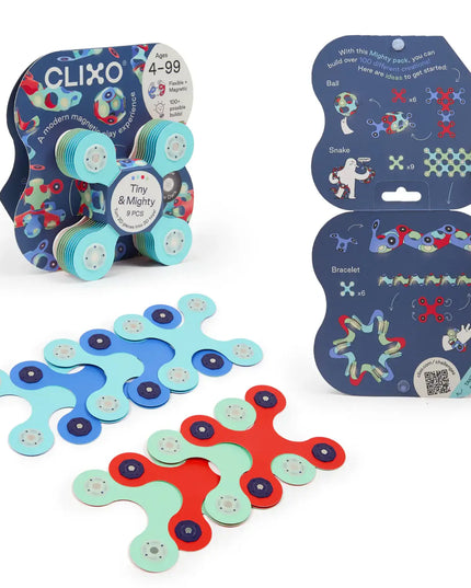 Colorful magnetic toy with packaging labeled 'CLIXO' on a white background