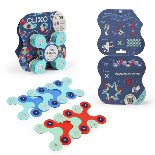 Colorful magnetic toy with packaging labeled 'CLIXO' on a white background