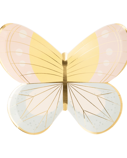 Butterfly-shaped object with pink, yellow, and blue wings on a white background