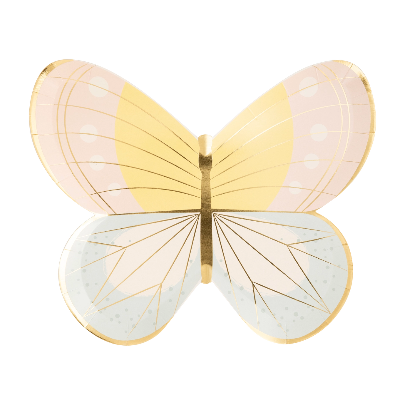 Butterfly-shaped object with pink, yellow, and blue wings on a white background