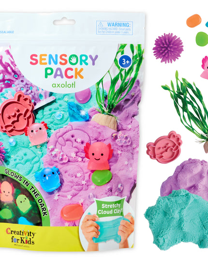 Sensory pack with axolotl-themed items and stretchy cloud clay, featuring a warning label.