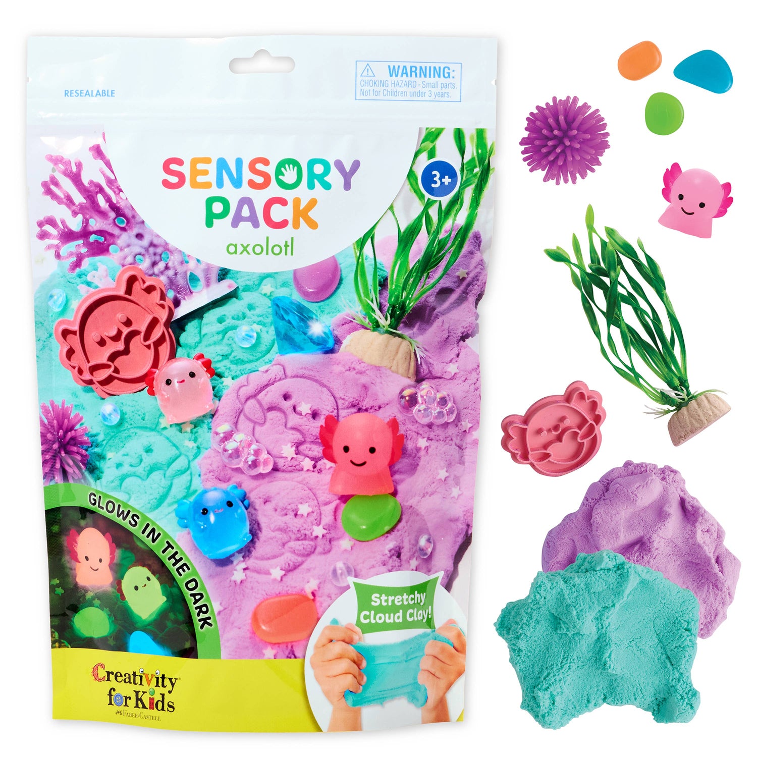 Sensory pack with axolotl-themed items and stretchy cloud clay, featuring a warning label.