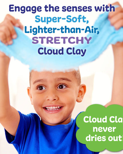 Child playing with blue stretchy cloud clay against a white background