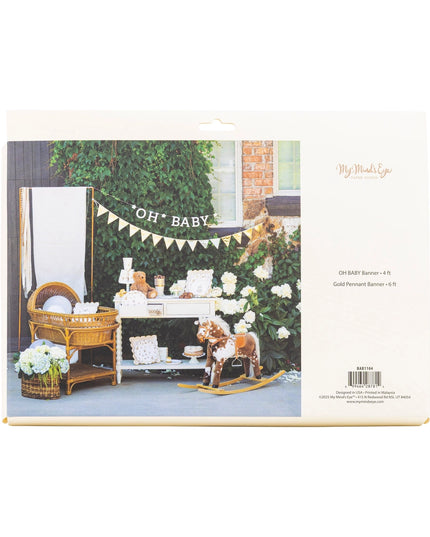 Product packaging for a baby shower banner with a decorated room scene on a white background.