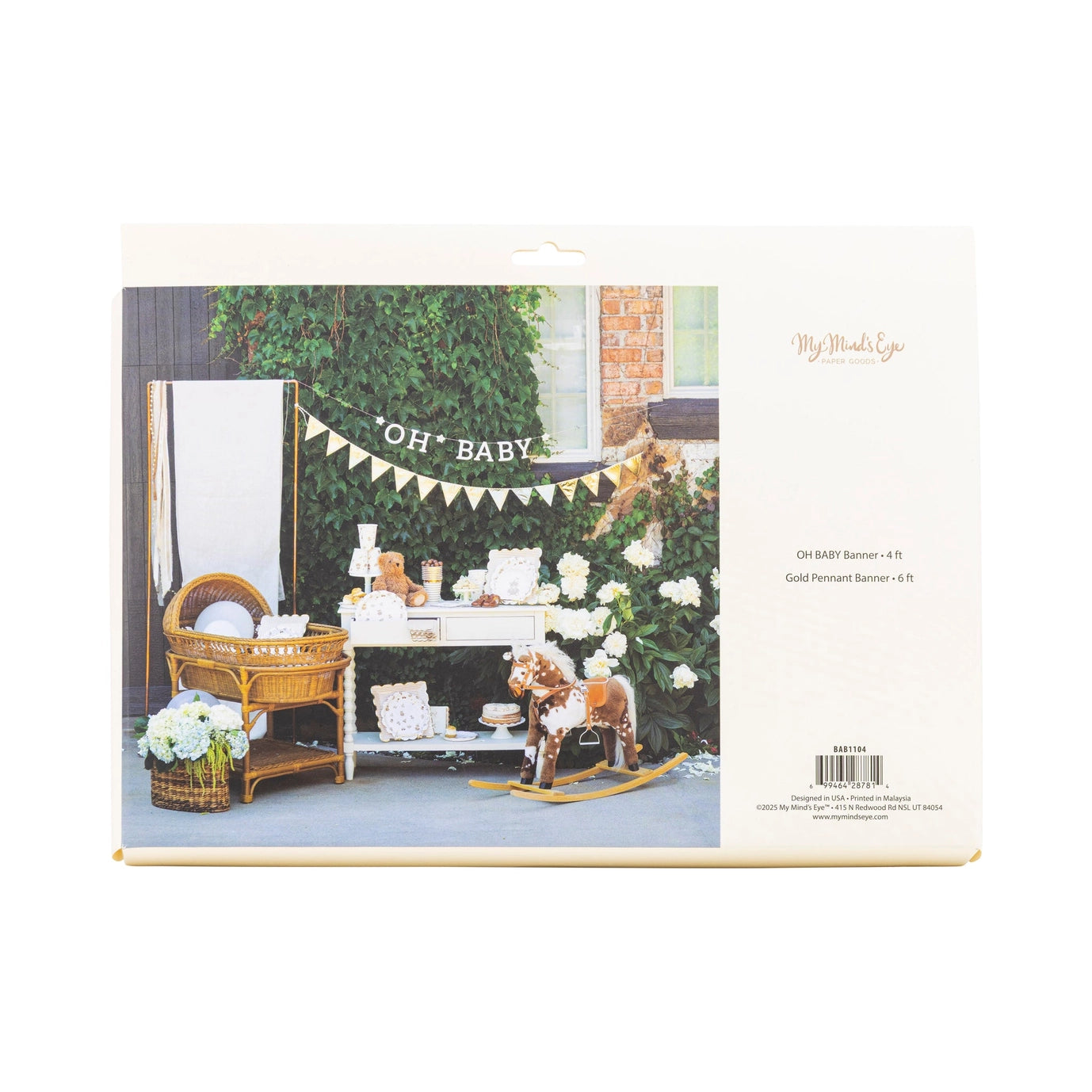 Product packaging for a baby shower banner with a decorated room scene on a white background.