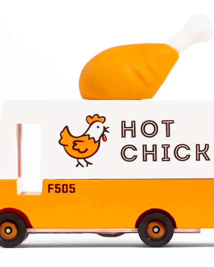 Toy truck with 'Hot Chick' branding and a chicken drumstick on top, on a white background.