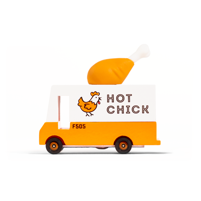 Toy truck with 'Hot Chick' branding and a chicken drumstick on top, on a white background.