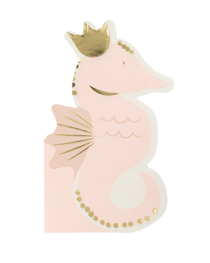 Pink seahorse with gold accents on a white background