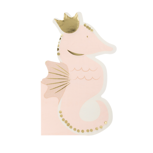 Pink seahorse with gold accents on a white background