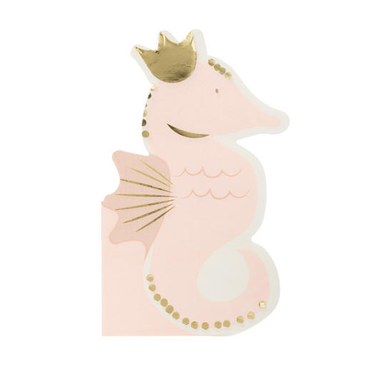 Pink seahorse with gold accents on a white background