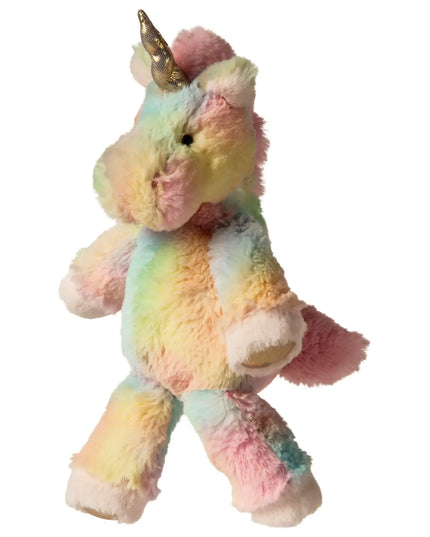 Pastel-colored unicorn plush toy on a white background