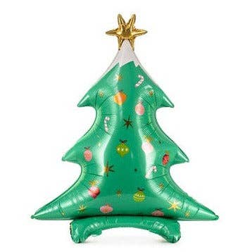 Green Christmas tree-shaped balloon with a gold star on top against a white background