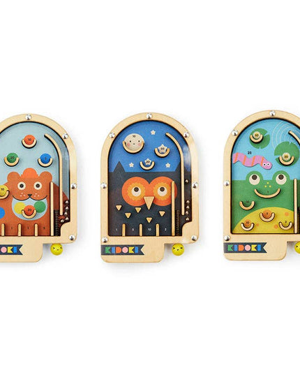 Three colorful wooden toys with animal designs on a white background