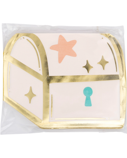 Decorative paper plates with gold edges, pink star, blue lock, and gold stars on a white background.
