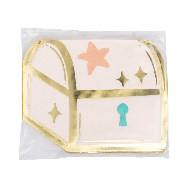 Decorative paper plates with gold edges, pink star, blue lock, and gold stars on a white background.