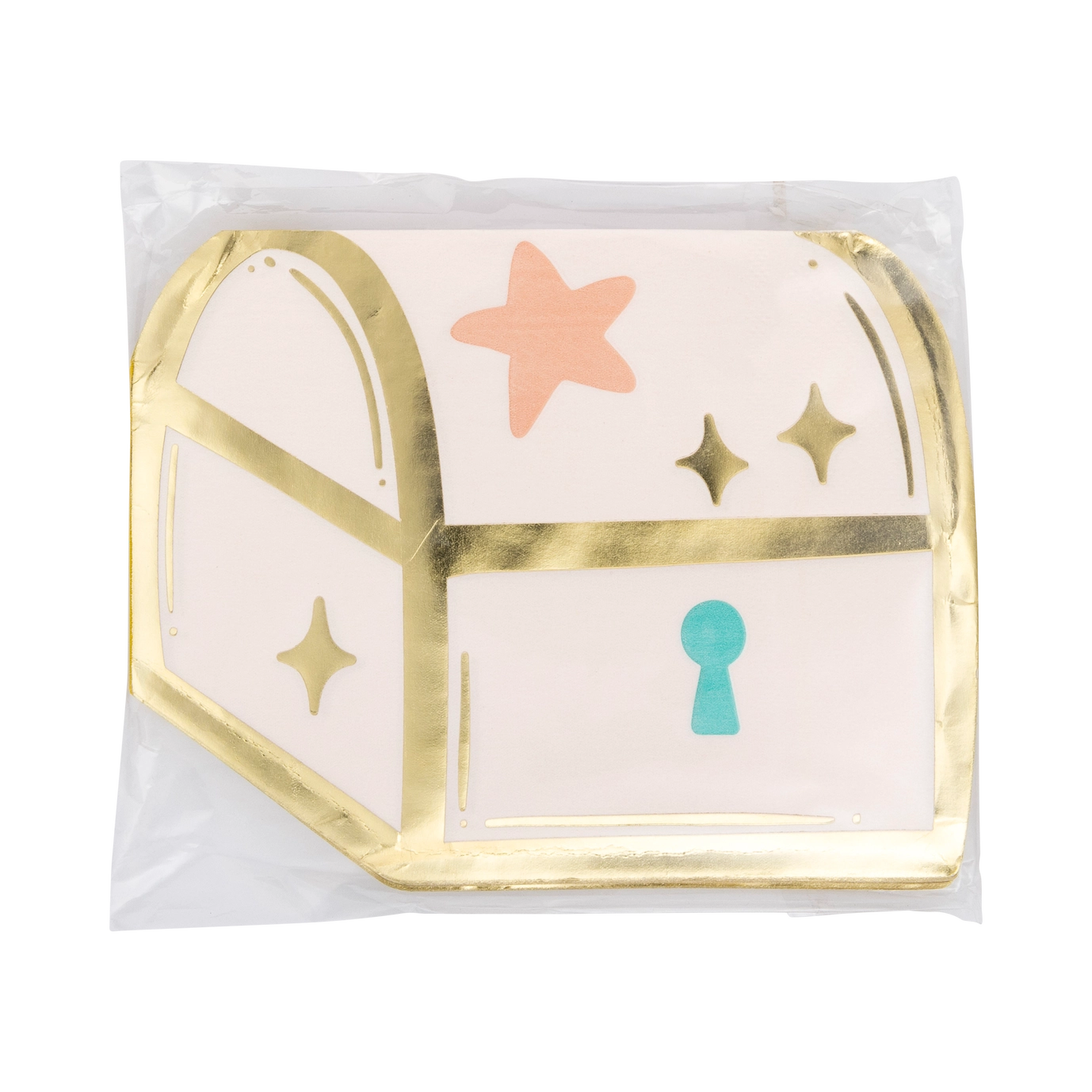 Decorative paper plates with gold edges, pink star, blue lock, and gold stars on a white background.