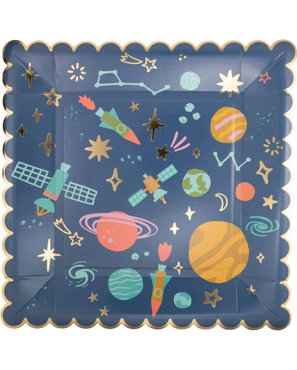 Square paper plate with space-themed design featuring planets, stars, and rockets on a blue background.