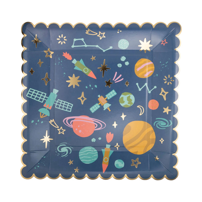 Square paper plate with space-themed design featuring planets, stars, and rockets on a blue background.