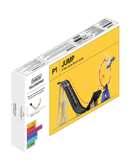 Box of a toy track set with a 'Jump' feature on a white background