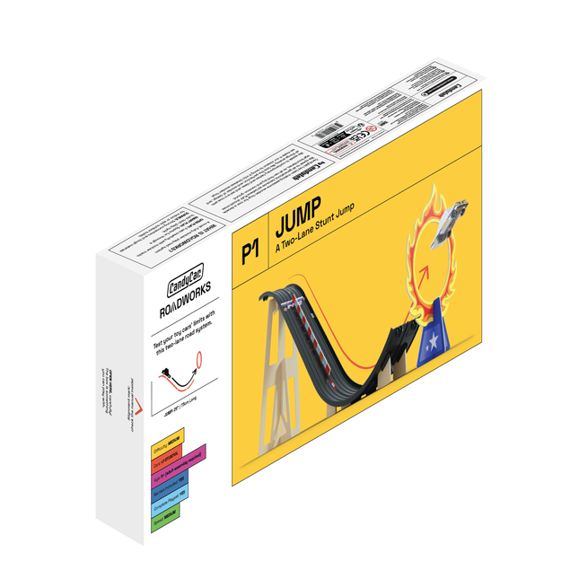 Box of a toy track set with a 'Jump' feature on a white background