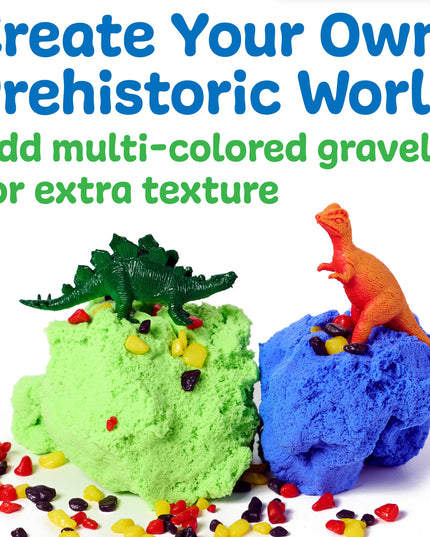 Colorful play dough with dinosaurs and text on a white background