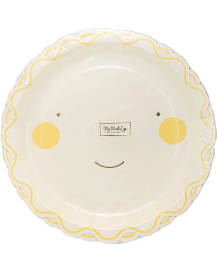Glossy paper plate with yellow accents and a smiley face design on a white background