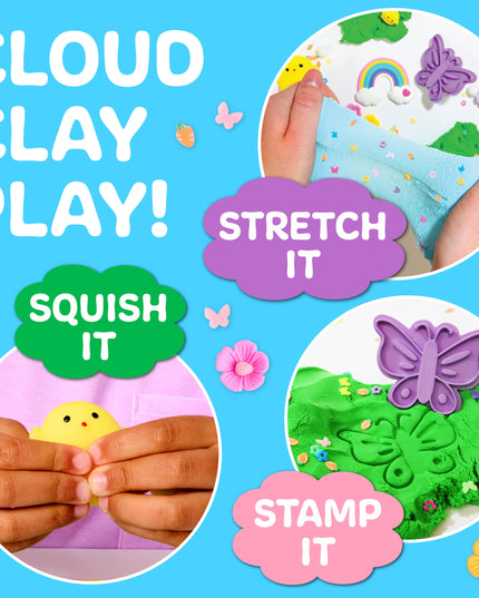 Promotional image for cloud clay play with text and images of hands interacting with the product.