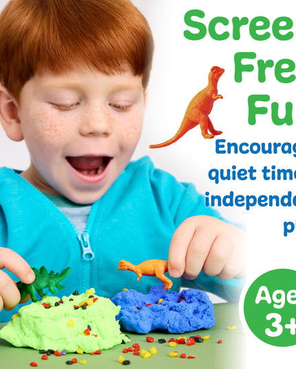 Child playing with colorful play dough and toy dinosaurs with text 'Screen Free Fun' and 'Ages 3+' on a white background.