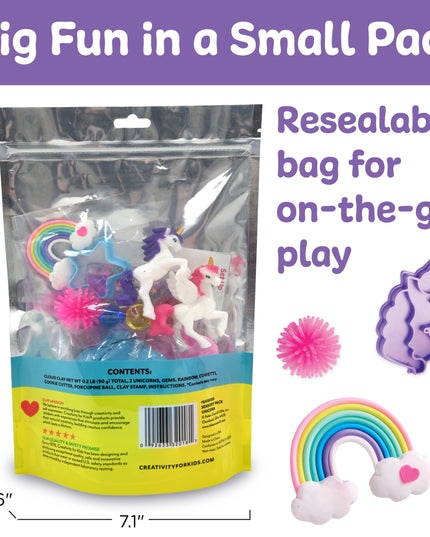 Packaged toy set with unicorn and rainbow designs, resellable bag for on-the-go play.